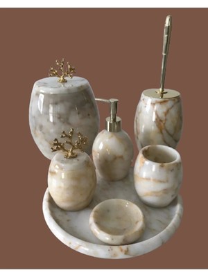 Ege Gross Dekoratif Menekse Beyaz Sari Damarli Mermer Banyo Seti Takımı Gold Detaylı 7li Tasarım Set