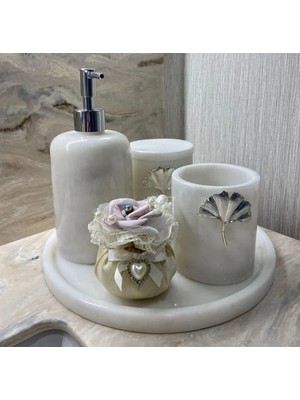 Ege Gross Dekoratif Beyaz Mermer Gumus Çiçek Detaylı 5 Li Banyo Seti Takımı