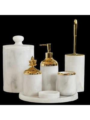 Ege Gross Dekoratif Beyaz Mermer Gold Yaprak Detaylı 7 Li Banyo Seti Takımı
