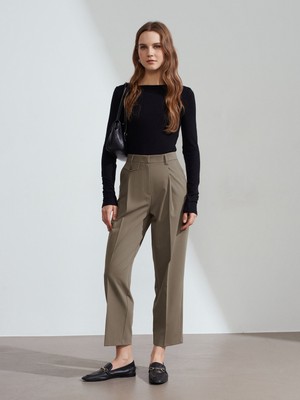 Dilvin Kadın Pensli Düz Paça Pantolon Toprak Yüksek Bel Dokuma Kumaş Günlük Stil