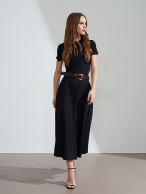 Dilvin 81074 Kemerli Pileli Midi Etek-Siyah