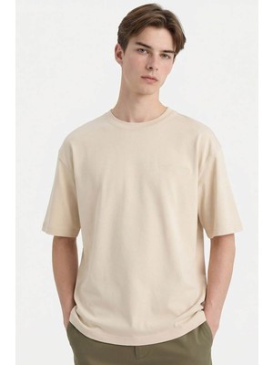 Defacto Boxy Fit Bej Erkek T-Shirt D5875AX/BG74