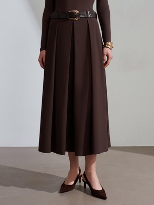 Dilvin 81074 Kemerli Pileli Midi Etek-Kahve