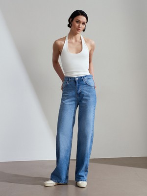 Dilvin 72290 %100 Pamuk Basic Wide Leg Jean-Mavi