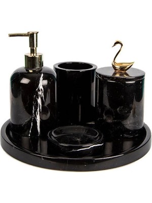 Ege Gross Dekoratif Siyah Mermer Gold Kuş Kuğu Detaylı 5 Li Banyo Seti Takımı