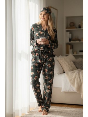 North Stand Kadın Düğmeli Ayıcık Detaylı Süet Pijama Takımı