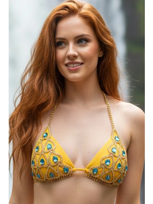 Caş Dekorasyon Altın ve Mavi Renk Kalpli Taşlı Bikini Üstü Bralet Vücut Aksesuarı