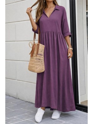 Veralya Kadın Truvakar Kollu V Yakalı Yırtmaçlı Uzun Aerobin Elbise