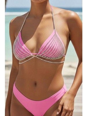 Caş Dekorasyon Gümüş Renk Taşlı Bikini Üstü Bralet Vücut Aksesuarı