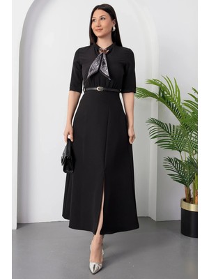 Veralya Kadın Kısa Kollu Fular ve Kemer Detay Önden Yırtmaçlı Maxi Boy Elbise