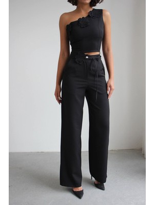 Bacc Siyah Aksesuar Detaylı Bluz ve Pantolon Dokuma Alt Üst Takım BCHN-2526127