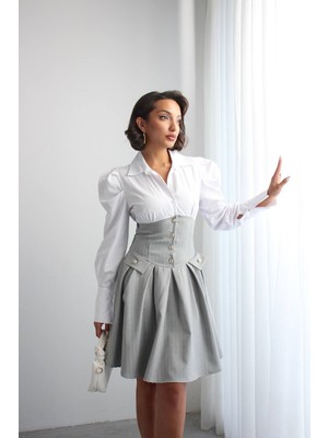 Bacc Gri Pileli Çizgili Dokuma Gömlek Elbise BCHN-2526115