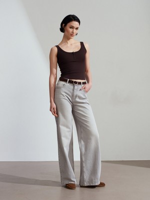 Dilvin 72288 %100 Pamuk Kemerli Wide Leg Jean-Gri