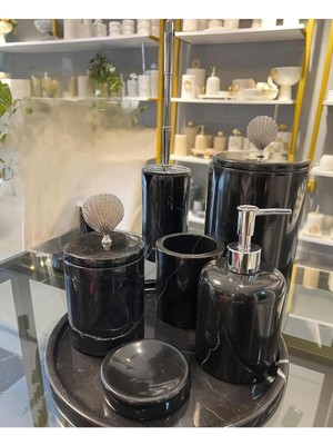 Ege Gross Dekoratif Doğal Siyah  Mermer / Aksesuar Detaylı 7li Mermer Banyo Seti /mermer Banyo Takımı