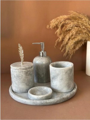 Ege Gross Dekoratif Doğal Grı Mermer Aksesuar Detaylı 5 Li Mermer Banyo Seti /mermer Banyo Takımı