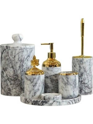 Ege Gross Dekoratif Leylak Mermer Gold Yaprak Detaylı 7 Li Banyo Seti Takımı