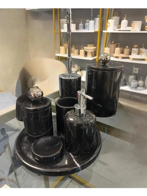 Ege Gross Dekoratif Doğal Siyah  Mermer / Aksesuar Detaylı 7li Mermer Banyo Seti /mermer Banyo Takımı