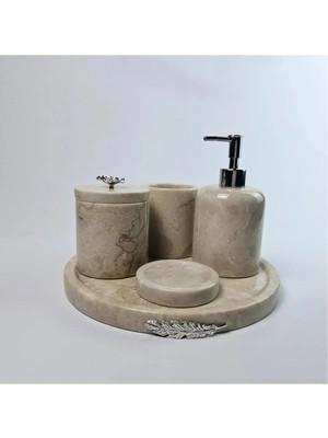 Ege Gross Dekorati̇f Doğal Bej Mermer Aksesuar Detayli 5 Li̇ Mermer Banyo Seti̇ /mermer Banyo Takimi
