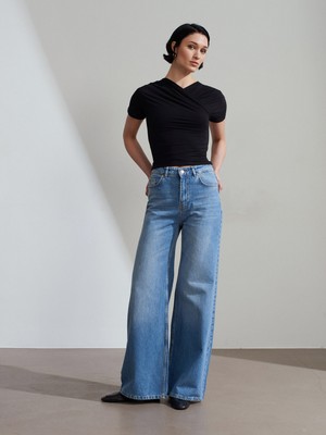 Dilvin 72286 %100 Pamuk Dökümlü Wide Leg Jean-Mavi