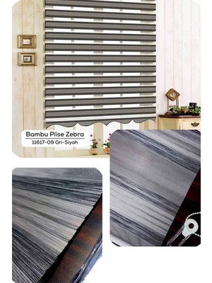 YS Perde Tasarım Lux Bambu Keten Plise Renk Geçişli Zebra Stor Perde, Alüminyum Kasalı Yüksek Kaliteli - Siyah,gri PKCX/04W