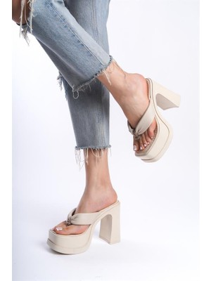 M&B COLLECT Kadın Geyala Bej Parmak Arası (12 cm ) Platform Topuklu Terlik