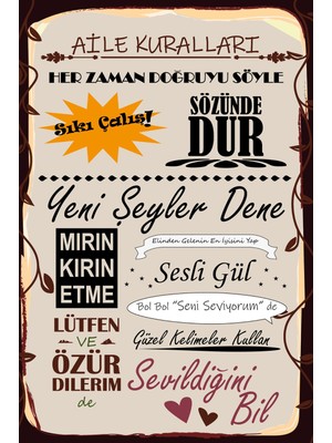 Tp Retro Vintage 5 mm Ahşap Üzerine Aile Kuralları Temalı Poster Tablo 20X30 cm