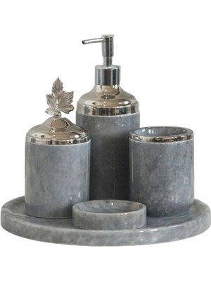 Ege Gross Dekoratif Gri Mermer Gümüş Yaprak Detaylı 5 Li Banyo Seti Takımı