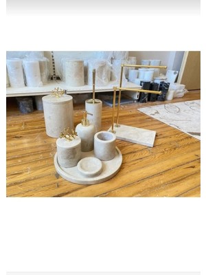 Ege Gross Dekoratif Doğal Bej  Mermer Gold Mercan Aksesuar Detaylı 8li Mermer Banyo Seti /mermer Banyo Takımı