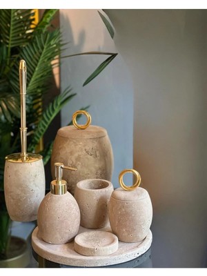 Ege Gross Dekoratif Doğal Travarten Oval   Mermer Aksesuar Detaylı 7 Li Mermer Banyo Seti /mermer Banyo Takımı