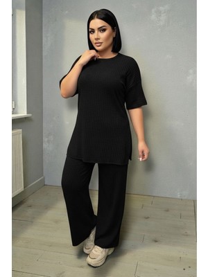 North Stand Kadın Fitilli Pijama Takımı Kısa Kollu Salaş Üst Bol Paça Alt Yumuşak Dokulu Ev Giyim Takımı