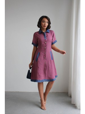 Bacc Gül Kurusu Denim Garnili Düğmeli Tensel Dokuma Elbise BCHN-2526114