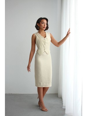 Bacc Bej Tensel Kumaş Yelekli Model Elbise BCHN-2526108