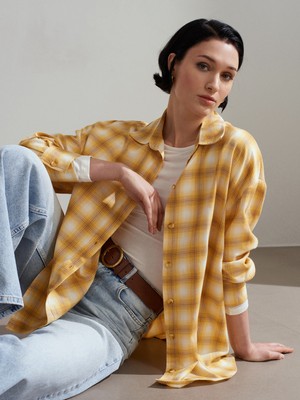 Dilvin 50538 Yün Karışımlı Oversize Gömlek-Sarı