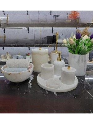 Ege Gross Crystal White Golden - Doğal Beyaz Mermer Banyo Seti | 9lu | Beyaz Kase Mermer Havluluk | Gold |