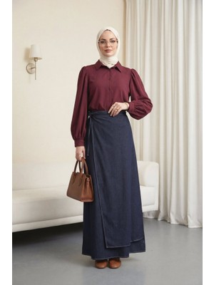 Queene Dreams Balon Kol Düğmeli Kısa Poplin Gömlek -Bordo