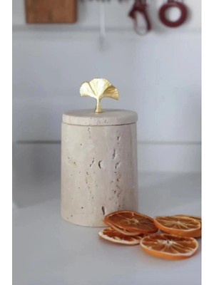 Ege Gross Dekoratif Traverten Mermer Gold Renk Ginko Aksesuarli Baharatlık Şekerlik Kavanoz Seti