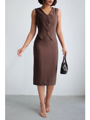Bacc Kahve Tensel Kumaş Yelekli Model Elbise BCHN-2526108