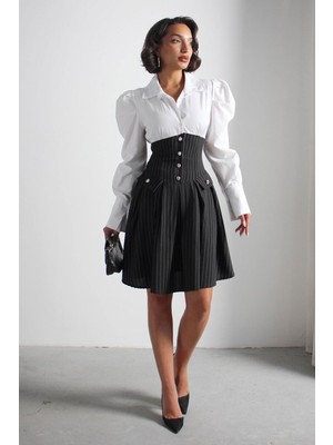 Bacc Siyah Pileli Çizgili Dokuma Gömlek Elbise BCHN-2526115