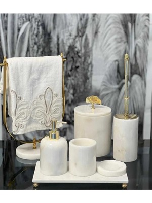 Ege Gross Asya- Gold Top Detaylı Beyaz Mermer Banyo Seti- 7 Parça