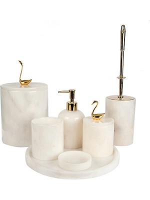 Ege Gross Dekoratif Beyaz Mermer Gold Kuş Kuğu Detaylı 7 Li Banyo Seti Takımı