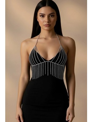 Caş Dekorasyon Gümüş Renk Taşlı Bikini Üstü Bralet Vücut Aksesuarı
