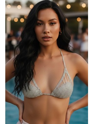 Caş Dekorasyon Gümüş Renk Taşlı Bikini Üstü Bralet Vücut Aksesuarı