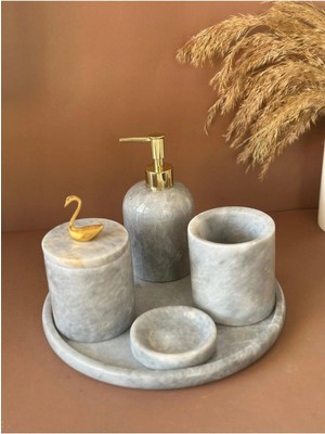 Ege Gross Dekoratif Doğal Grı Mermer Aksesuar Detaylı 5 Li Mermer Banyo Seti /mermer Banyo Takımı