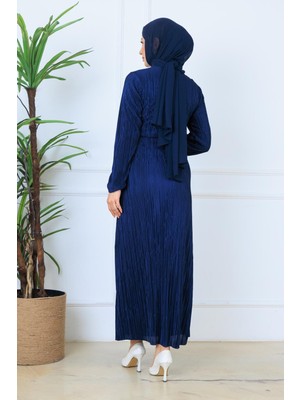 Vizyoner Tarzlar Kadın Pliseli Uzun Kollu Kemer Detaylı Tesettür Elbise
