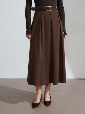 Dilvin 81074 Kemerli Pileli Midi Etek-Açık Kahve