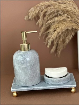 Ege Gross Dekoratif Doğal Grı Mermer Aksesuar Detaylı 3 Lü Mermer Banyo Seti /mermer Banyo Takımı