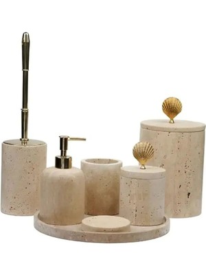 Ege Gross Dekoratif Traverten Mermer Banyo Seti Takımı 7 Li Pirinç Aksesuar Detaylı Tasarım Set