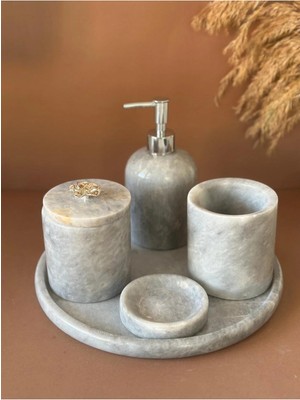 Ege Gross Dekoratif Doğal Grı Mermer Aksesuar Detaylı 5 Li Mermer Banyo Seti /mermer Banyo Takımı