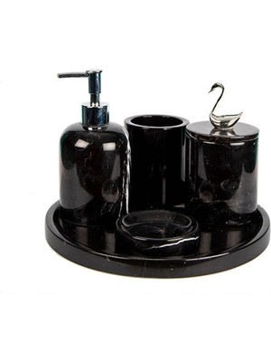 Ege Gross Dekoratif Siyah Mermer Gümüş Kuş Kuğu Detaylı 5'li Banyo Seti Takımı