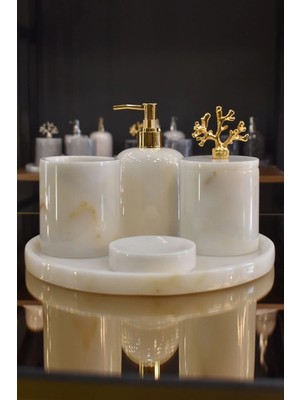 Ege Gross Palermo Beyaz 5'li Mermer Banyo Seti Gold Dekorlu